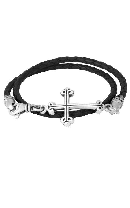 King Baby Braided Leather Cross Bracelet in Silver/Black