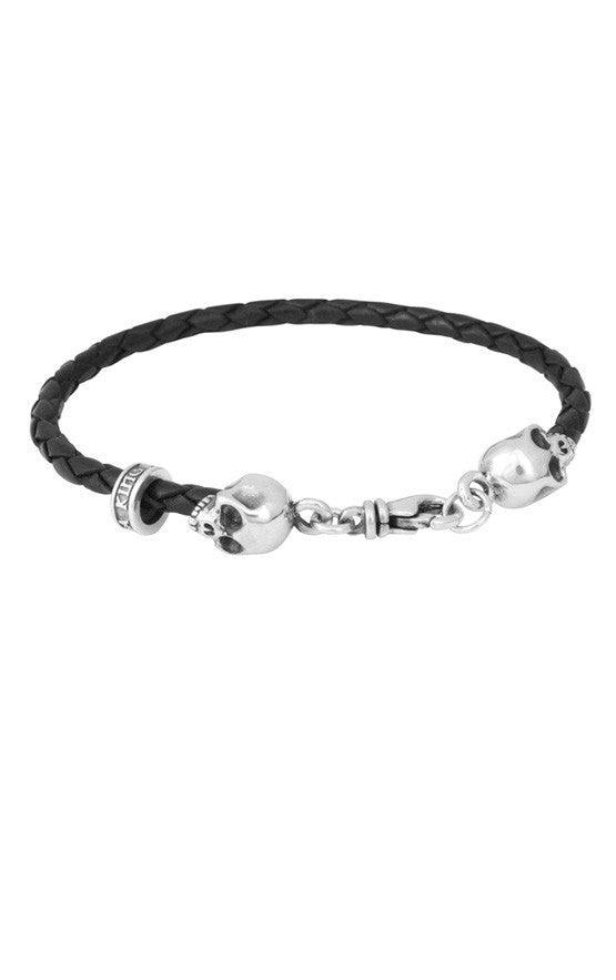 Thin Braided Leather Hamlet Skull Bracelet