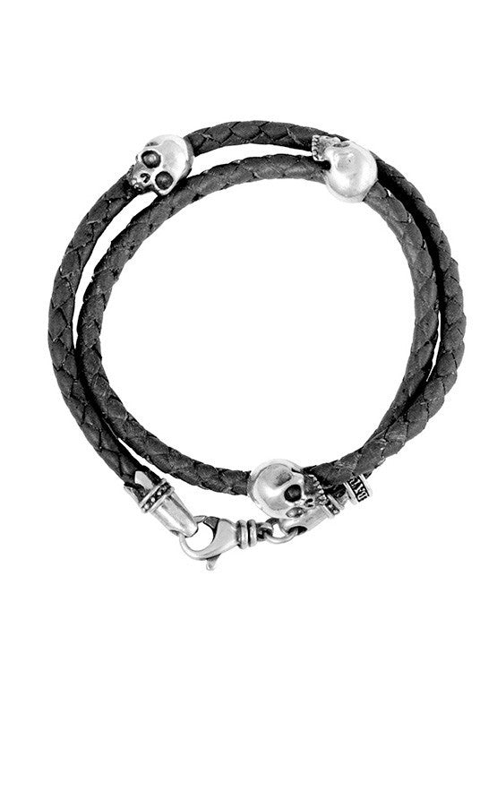 Thin Braided Double Wrap Black Leather Bracelet w/ Three Hamlet Skulls