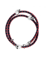 Thin Braided Double Wrap Red/Black Leather Bracelet w/ Three Hamlet Skulls
