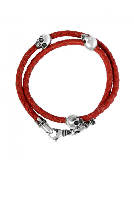 Thin Braided Double Wrap Red Leather Bracelet w/ Three Hamlet Skulls
