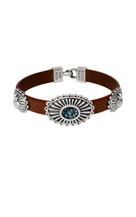 Burgundy Leather Bracelet with Top Hat Spotted Turquoise & Two Crowned Heart Conchos
