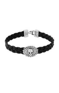 Black Braided Leather Bracelet with Skull Concho