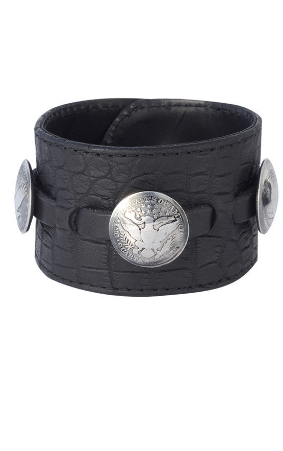 Matte Gator Leather Cuff with Three Quarter Dollar Coins