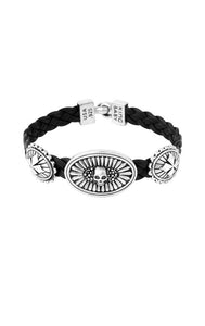 Braided Leather Bracelet with Skull and MB Cross Conchos