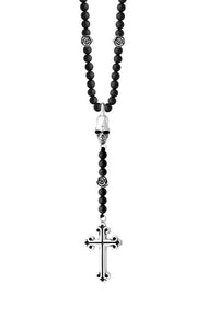 Rosary w/Onyx Beads, Skull and Traditional Cross