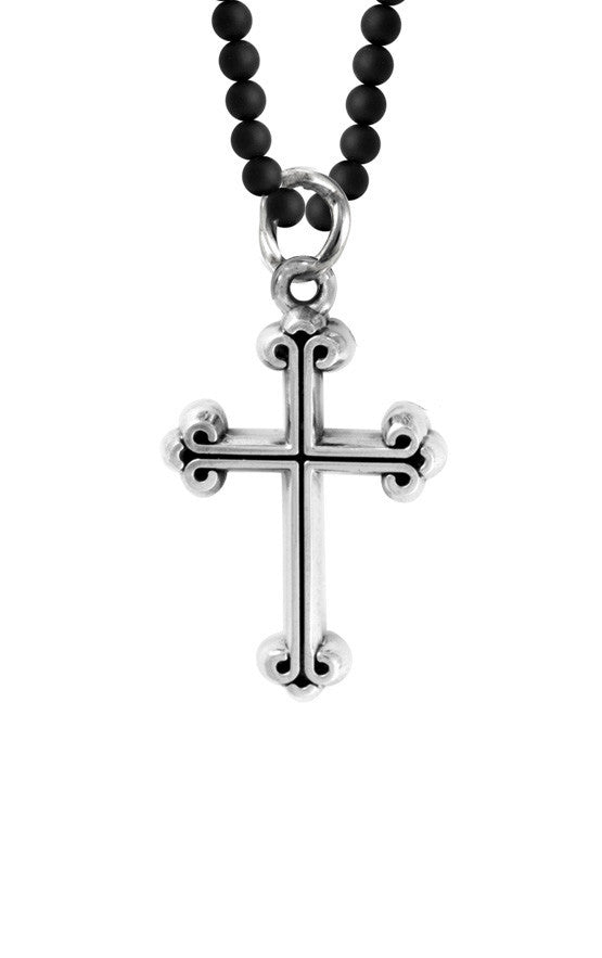 Traditional Cross on 3mm Onyx Bead Necklace