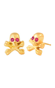 18K Gold Skull and Crossbones Post Earring w/ Ruby Eyes