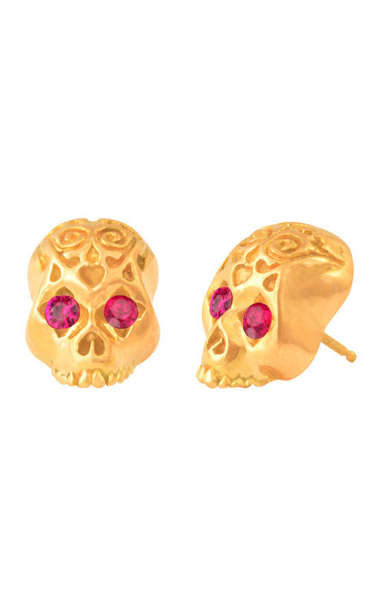 18K Gold Day of The Dead Skull Post Earring w/ Ruby Eyes