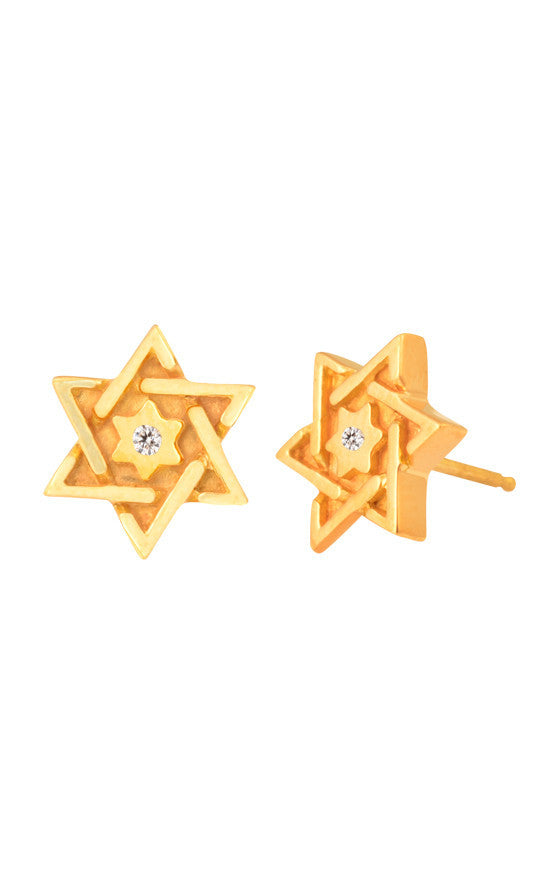 18K Gold Star of David Post Earrings w/ Diamonds