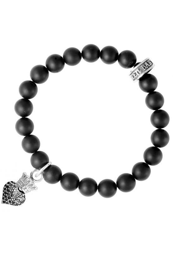 Onyx Bead Bracelet w/Pave Black CZ Baby Crowned Heart