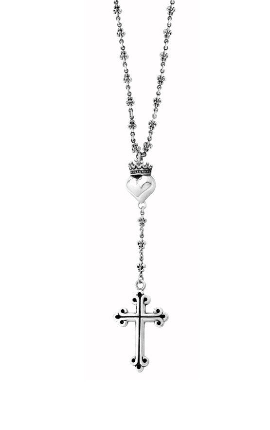 Small Traditional Cross & Crowned Heart on FDL Rosary 26 in. Chain w/ 4 in. drop