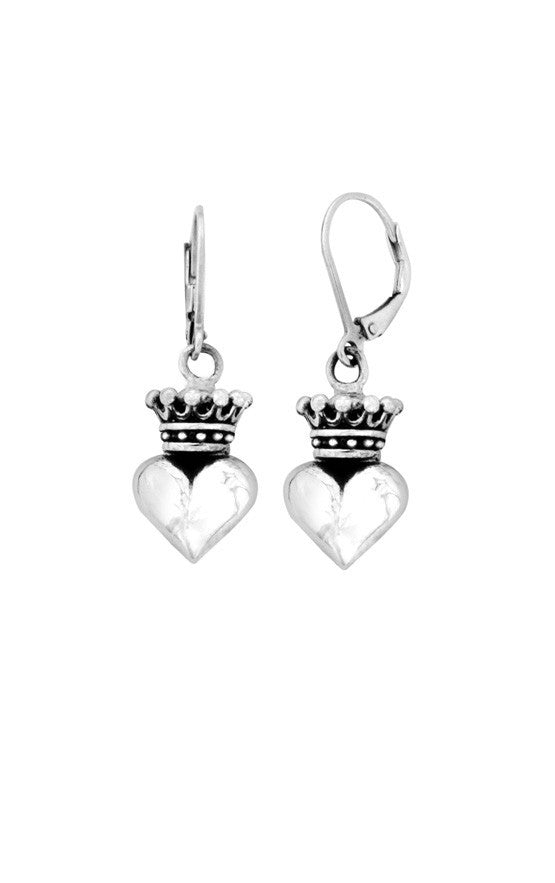 Small 3D Crowned Heart Leverback Earrings