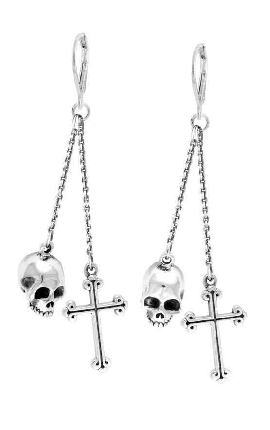 Leverback Earrings w/Skull and Traditional Cross Drops