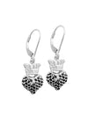 Small 3D Crowned Heart w/Pave Black CZ Leverback Earrings