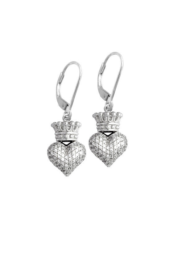 Small 3D Crowned Heart w/Pave CZ Leverback Earrings