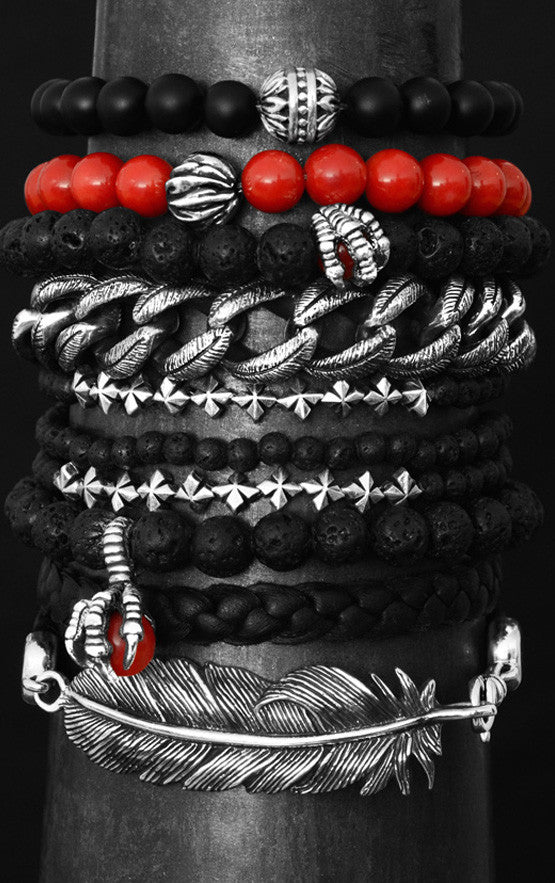 8mm Lava Rock Bracelet w/ Raven Claw Red Coral Bead